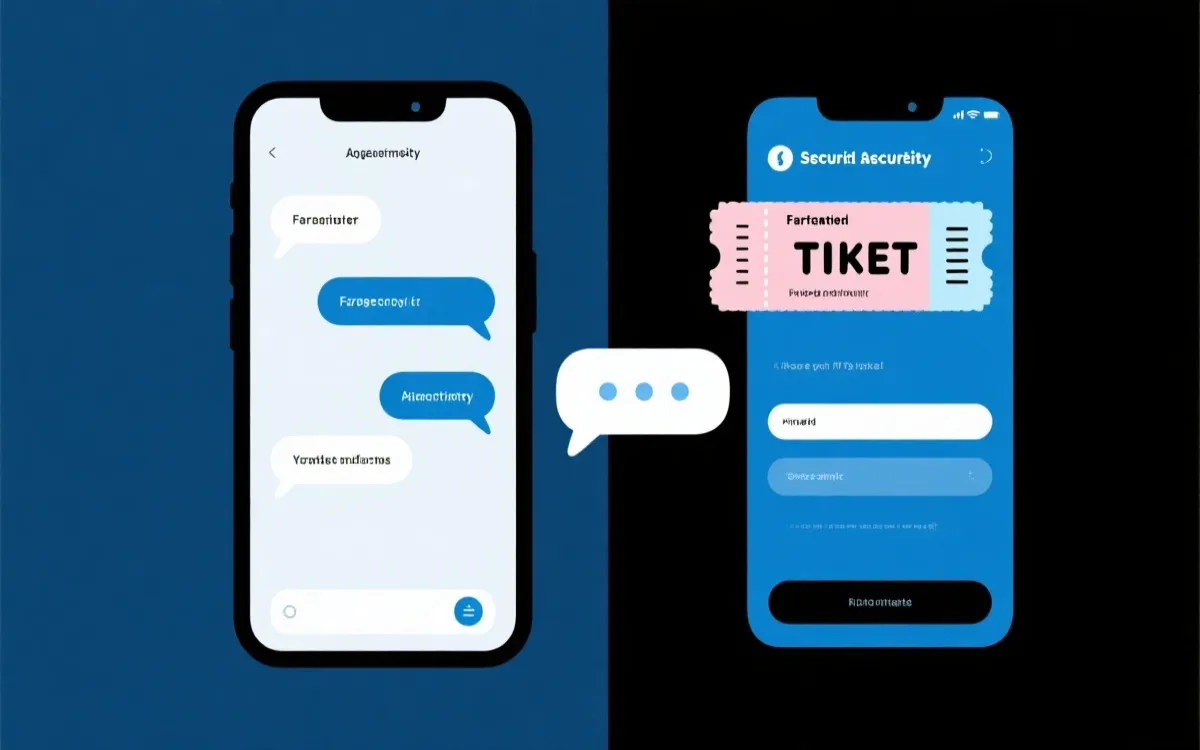 手机聊天界面与虚拟票务页面的对比插画,冷色调信息安全风格
