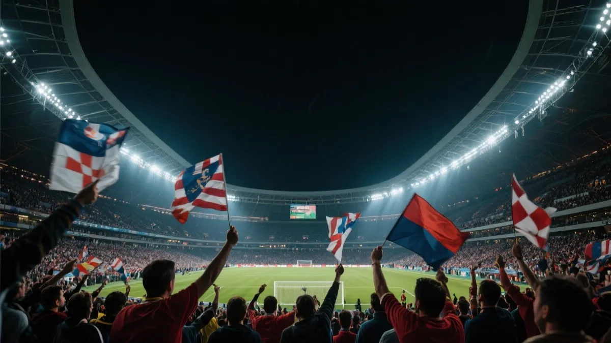 夜色中灯火通明的现代足球场与欢呼球迷