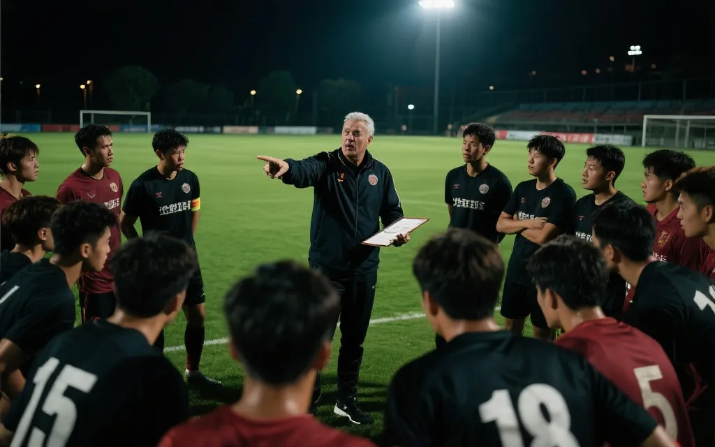 教练在场边指挥、球员围成半圈聆听战术的世界杯淘汰赛场景