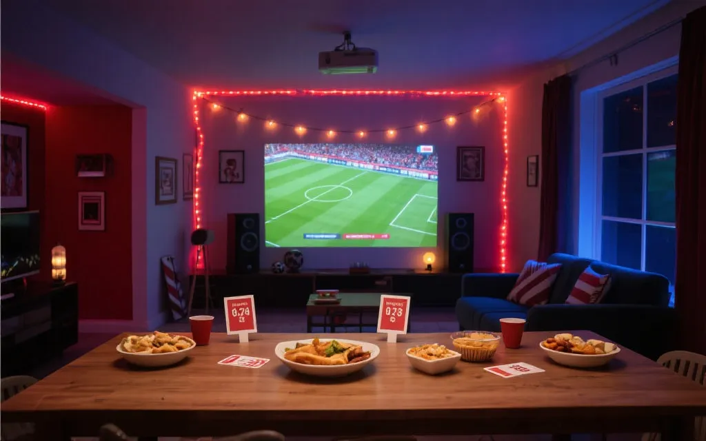 客厅观赛派对布置：零食吧台、球队配色装饰、投影大屏与环绕音响